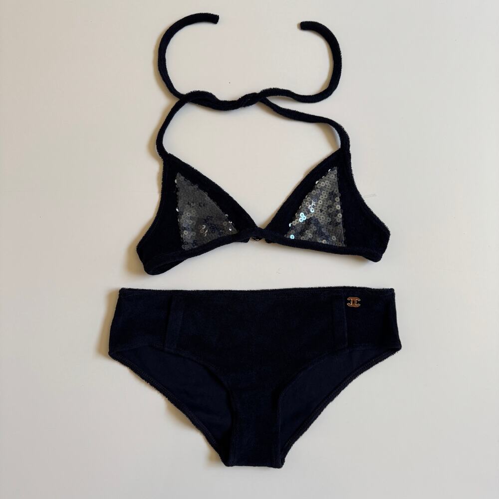 Chanel Two Piece Bikini Terrycloth Sequin Blue Small Bathing Swim Suit Luxury CC